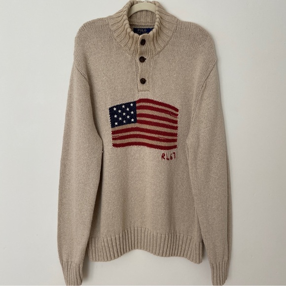 Polo Ralph Lauren Sweaters - Vintage Polo Ralph Lauren RL 67 USA Flag 3 Button Jumper Knitwear Size XL